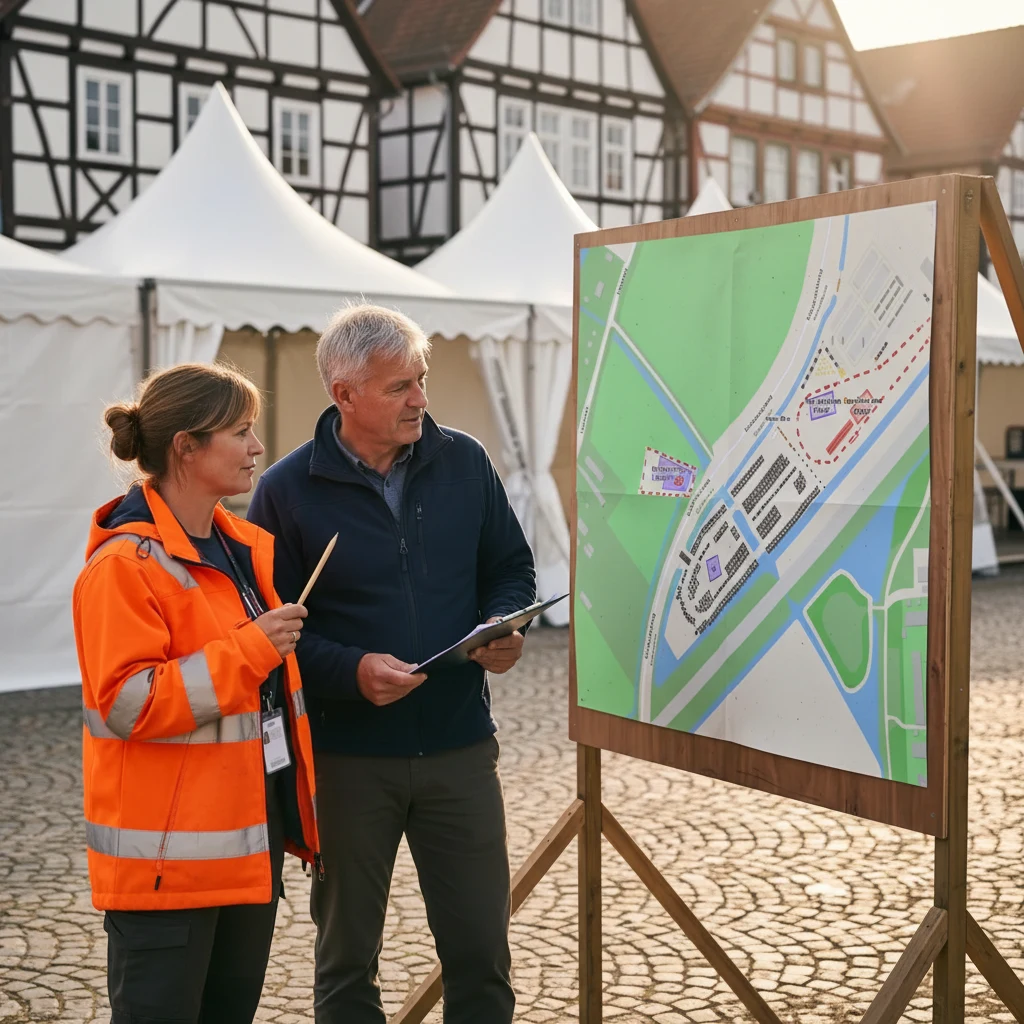 Veranstaltungs-Mitarbeiter auf einem deutschen Stadtfest zeigt auf einen großen, im A0-Format gedruckten Veranstaltungsplan auf einem Holzrahmen, derselbe maßstabsgetreue Plan, gezeichnet im Traffic Chart Browser-Editor