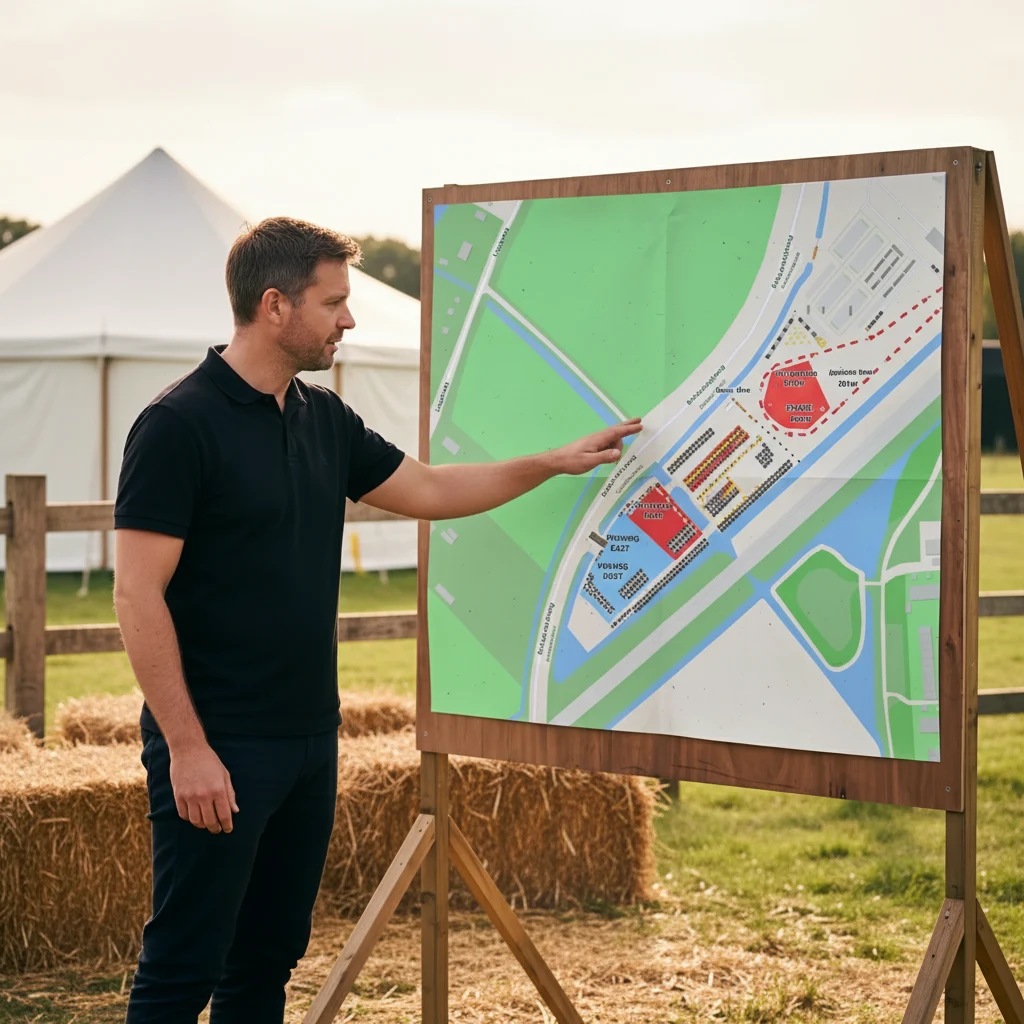 Event organiser at a UK country-show preparation morning pointing at a large A0-format printed event-site map mounted on a wooden frame, the same scaled event plan drawn in the Traffic Chart browser editor