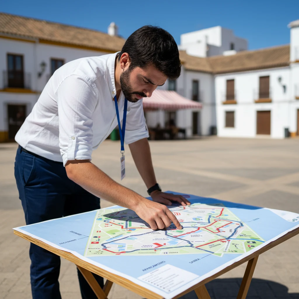 Personal de un evento en una feria española señala un plano del recinto impreso en formato A0 sobre un panel, el mismo plano a escala dibujado en el editor de navegador de Traffic Chart