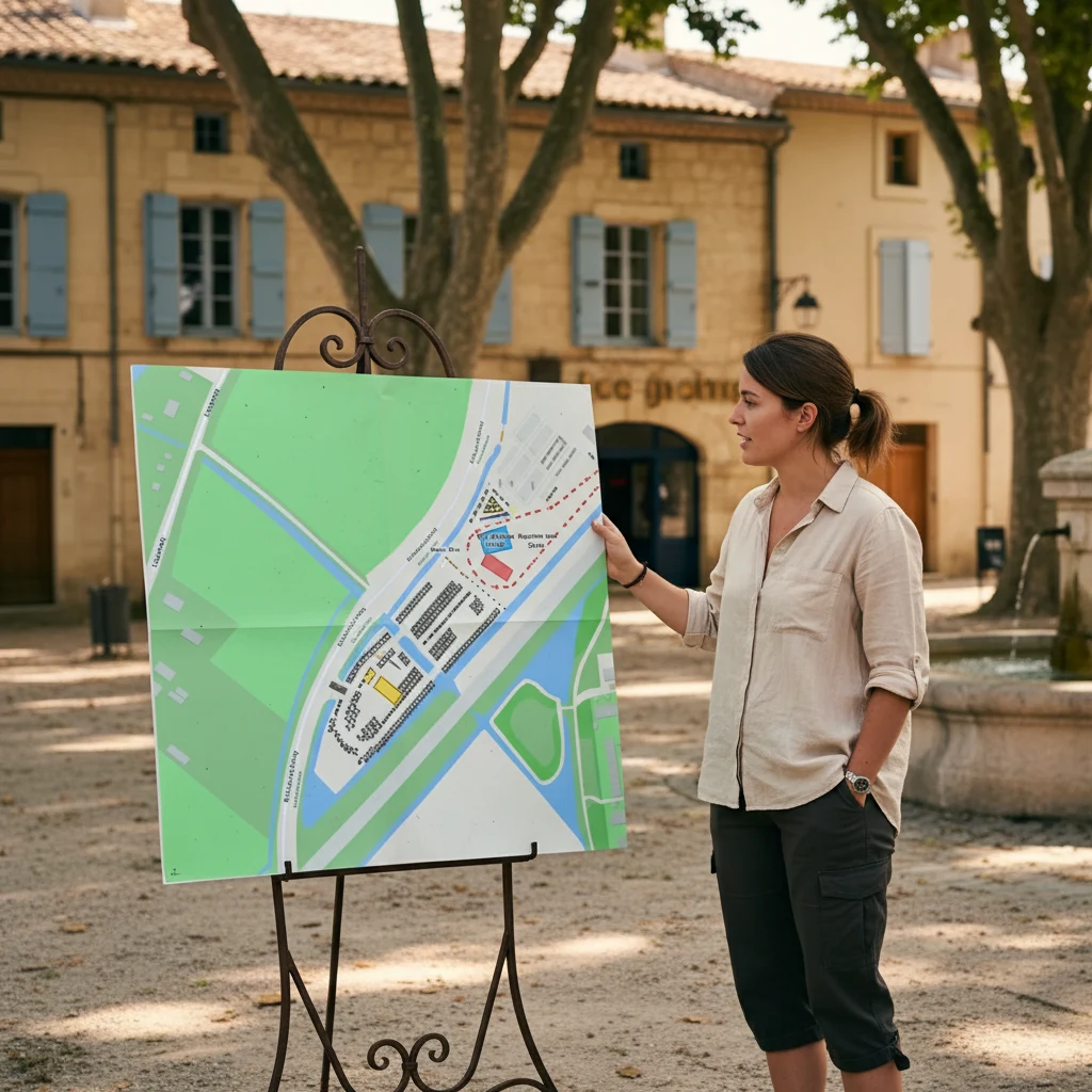 Membre d'équipe d'un événement dans une fête de village française désigne un plan du site imprimé en A0 sur un chevalet en fer forgé, le même plan à l'échelle dessiné dans l'éditeur navigateur Traffic Chart