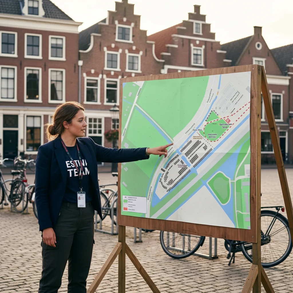 Evenement-medewerker bij een Nederlands stadsfestival wijst naar een grote op-A0 geprinte plattegrond op een houten ezel, dezelfde geschaalde plattegrond getekend in de Traffic Chart browser-editor