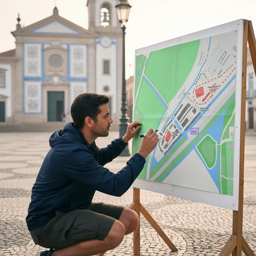 Membro da equipa de um evento numa festa de cidade portuguesa aponta para uma planta do recinto impressa em A0 sobre um painel, a mesma planta à escala desenhada no editor de navegador Traffic Chart