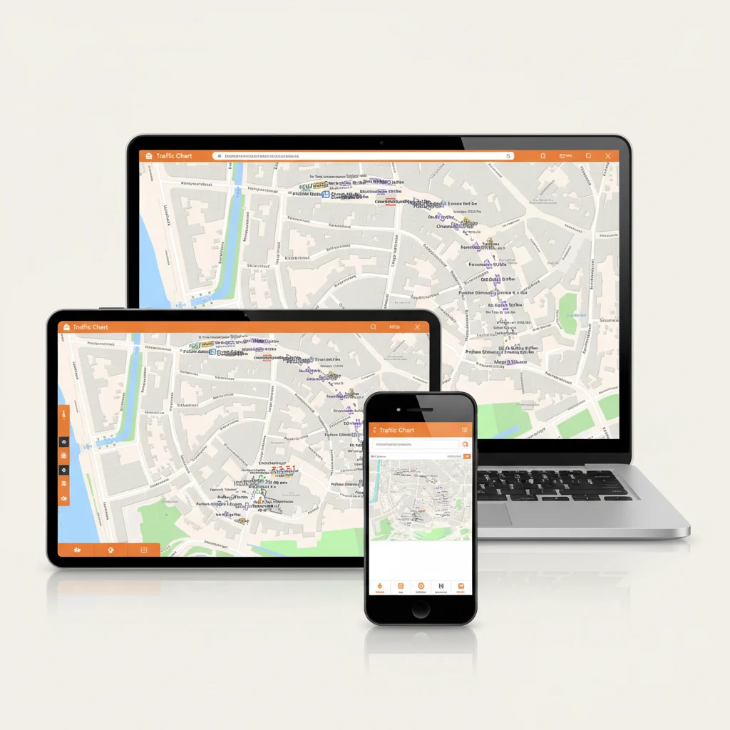 Logiciel Traffic Chart de feuille de route tournant sur ordinateur portable, tablette et smartphone, avec le plan d'événement Bokbierdag visible sur chaque écran