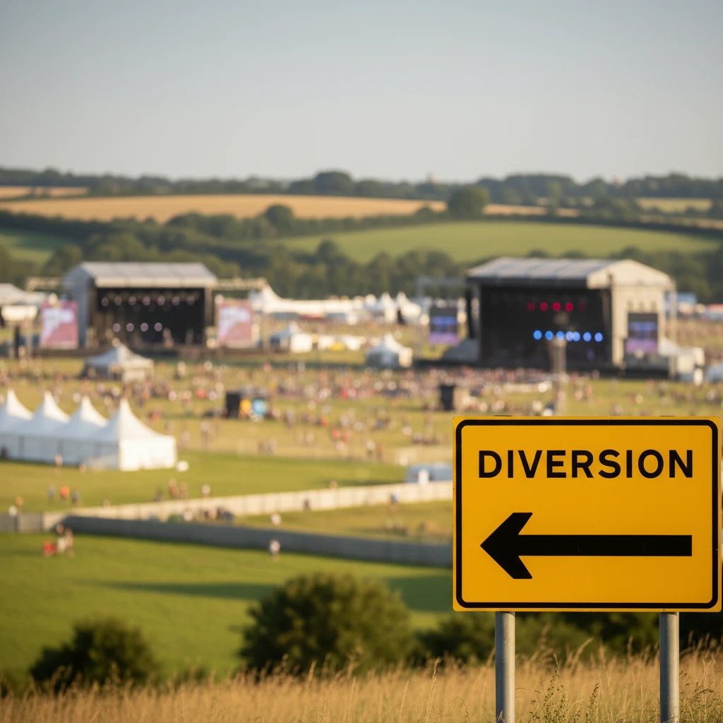 Official UK Diversion road sign on the roadside with an outdoor music festival visible in the background