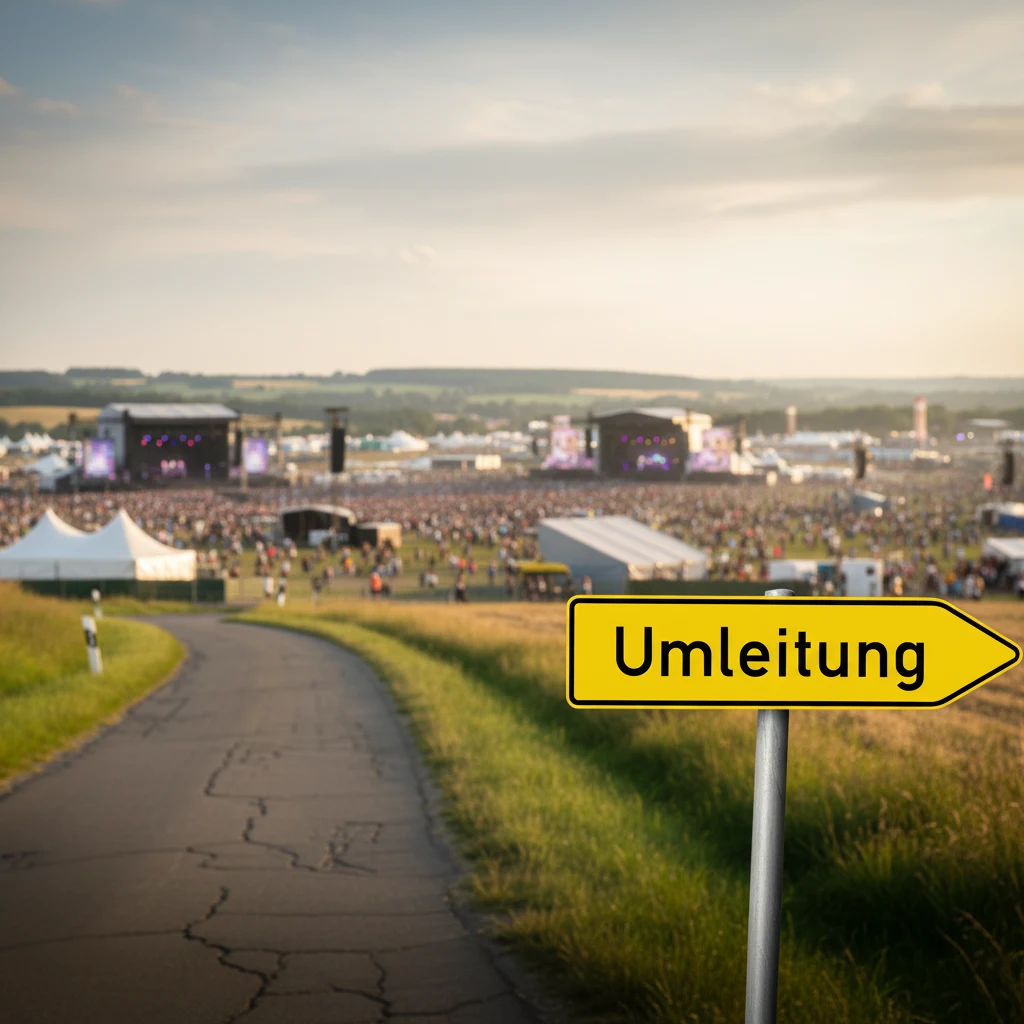 Offizieller deutscher Umleitungswegweiser (StVO Zeichen 454-20) am Straßenrand mit Open-Air-Musikfestival im Hintergrund