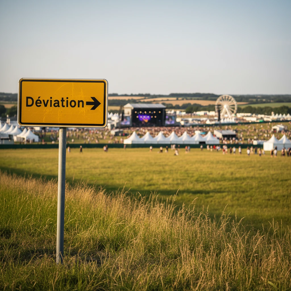Panneau de déviation officiel français sur le bord de la route avec un festival en plein air en arrière-plan