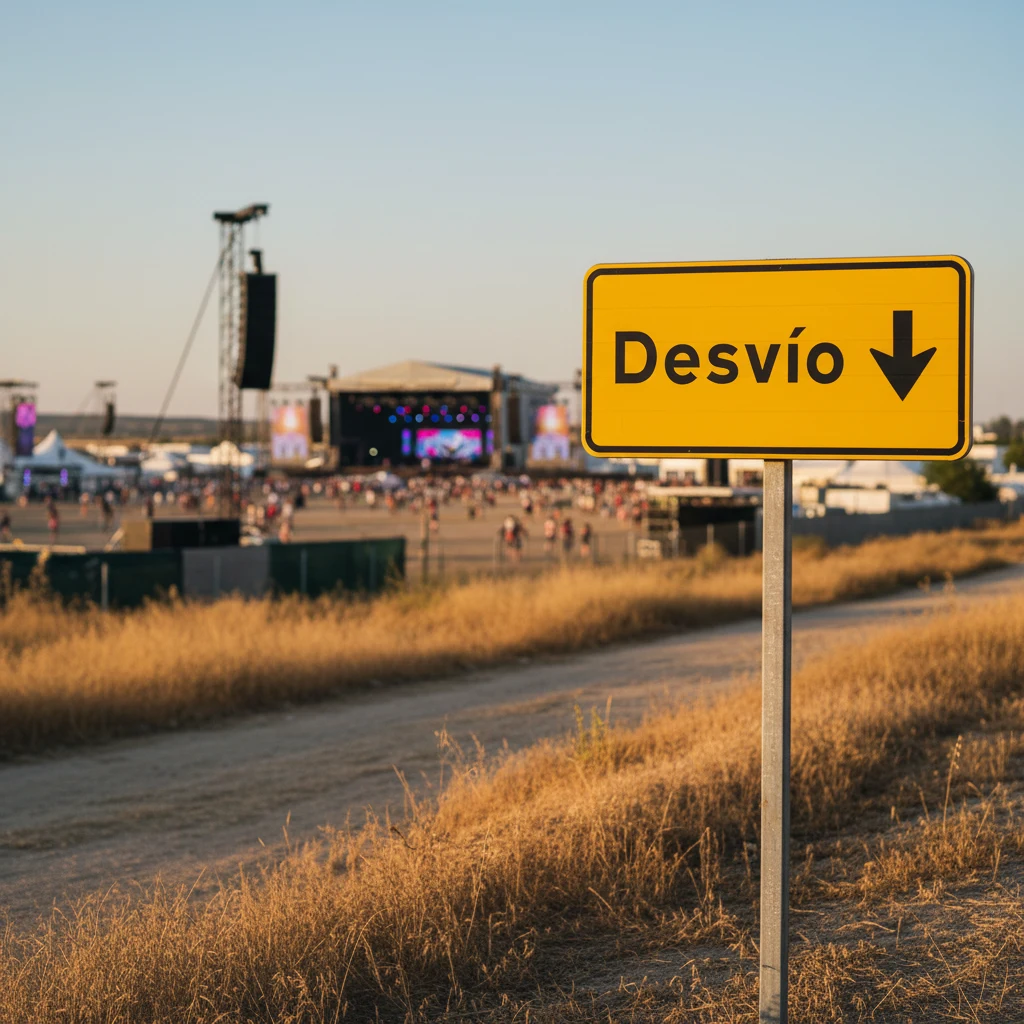 Señal oficial de desvío (DGT) en el arcén con un recinto de festival al fondo
