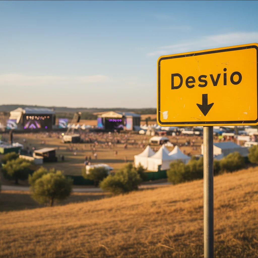 Sinal de desvio oficial português na berma da estrada com um festival ao ar livre em segundo plano