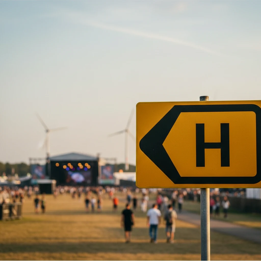 Nederlands RVV omleidingsbord met zwarte pijl en routeletter H langs de weg, met op de achtergrond een openlucht muziekfestival