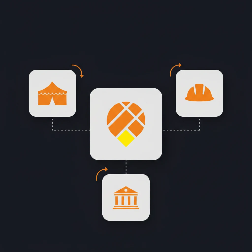 Infografik der Traffic Chart Event-Roadmap-Plattform im Zentrum einer Partnerschaft mit Veranstaltern, Bauunternehmen, Kommunen und Kreisen