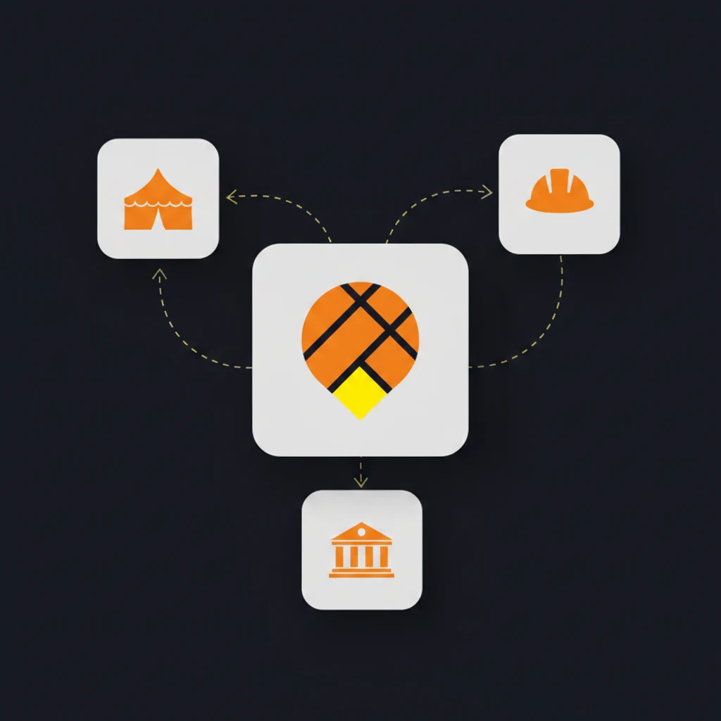 Infographic van het Traffic Chart routekaart-platform centraal in een samenwerking met eventorganisatoren, aannemers en gemeenten