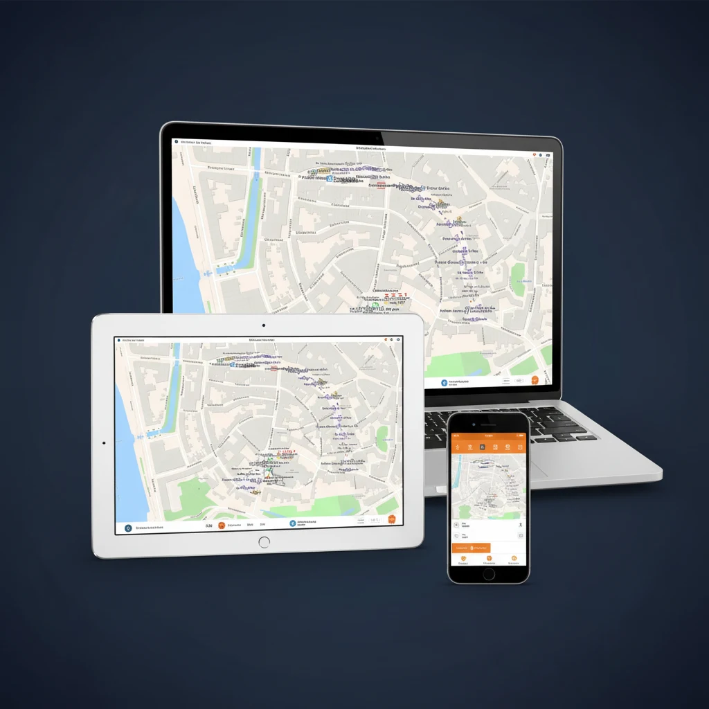 Traffic Chart bewegwijzering-software op laptop, tablet en smartphone, met op elk scherm de Bokbierdag-evenement-plattegrond