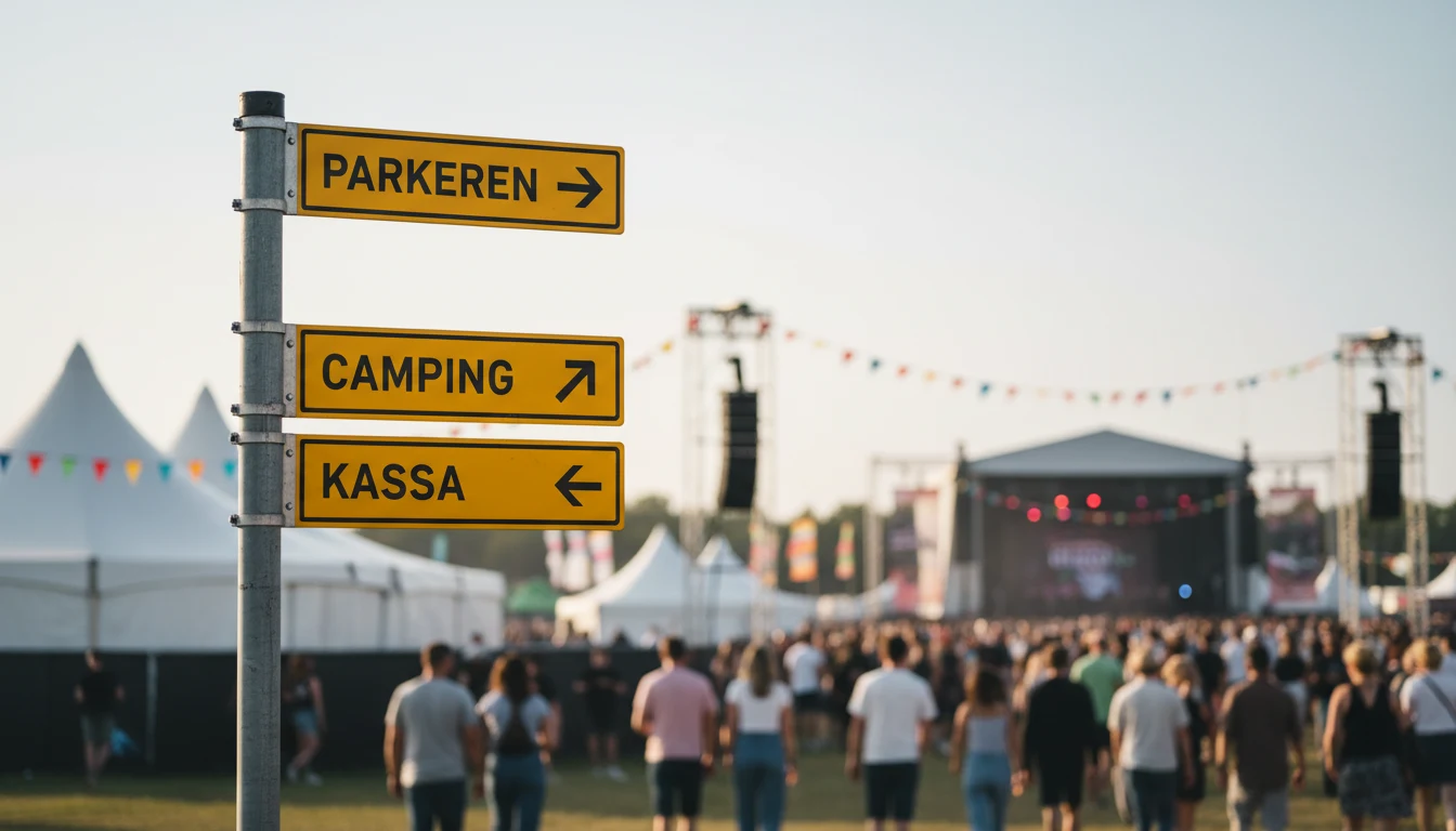 Nederlandse wegwijzerpaal met gele richtingsborden (Parkeren, Camping, Kassa) bij de ingang van een festival, met festivalterrein op de achtergrond