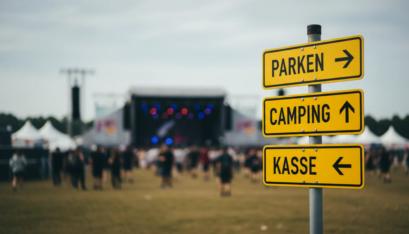 Deutscher Wegweiserpfosten mit gelben Richtungsschildern (Parken, Camping, Kasse) am Eingang eines Festivals, mit Festivalgelände im Hintergrund