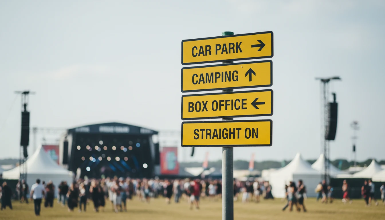 UK festival wayfinding pole carrying yellow directional signs (Car Park, Camping, Box Office), with festival arena visible in the background