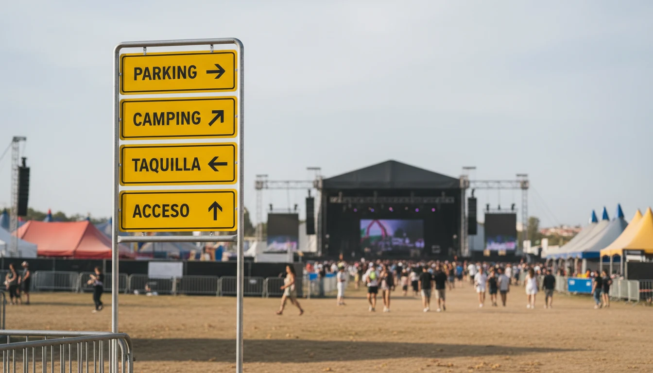 Poste de señalización direccional español con placas amarillas (Parking, Camping, Taquilla) en la entrada de un festival, con el recinto al fondo