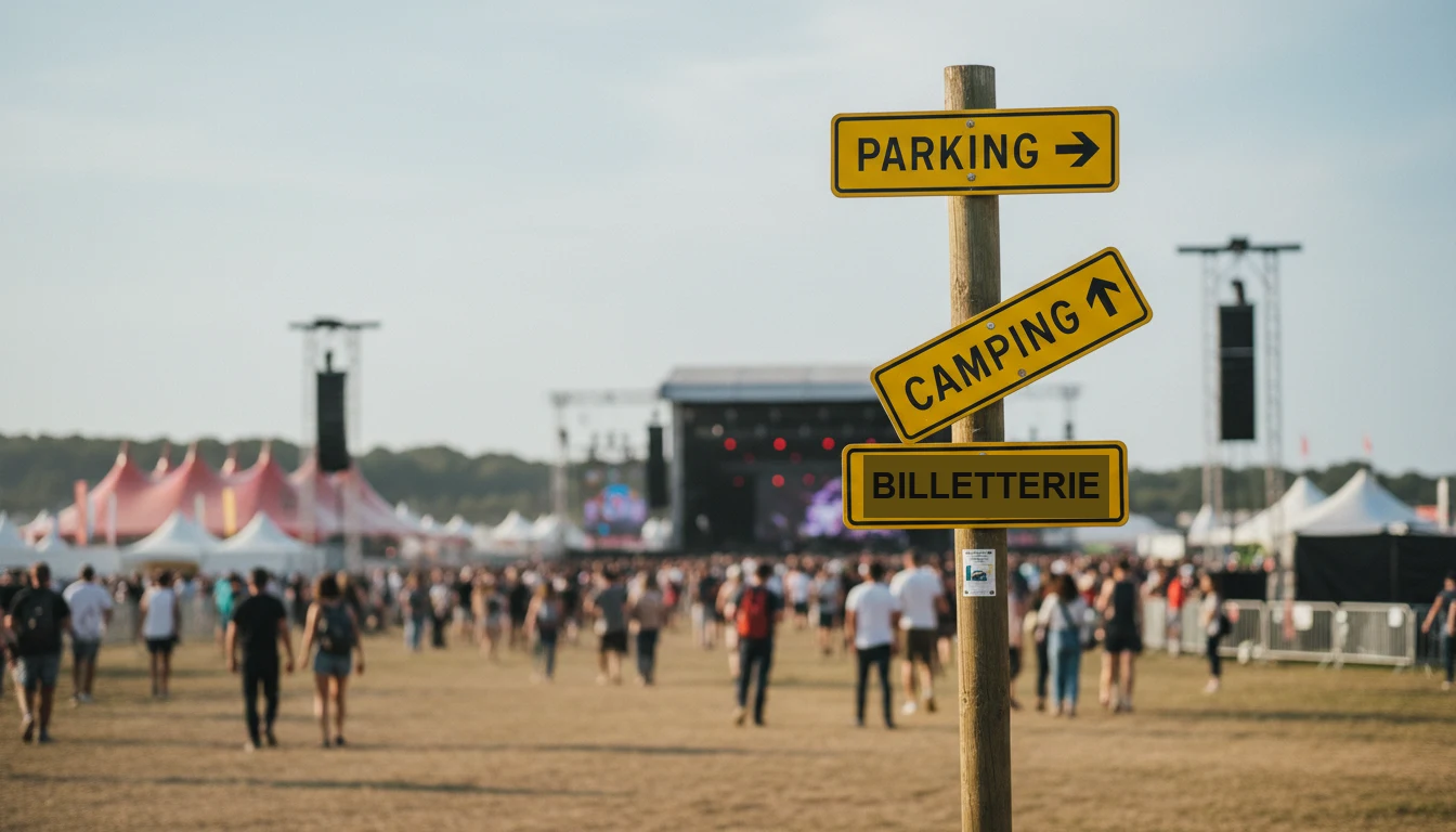 Poteau de signalisation directionnel français avec panneaux jaunes (Parking, Camping, Billetterie) à l'entrée d'un festival, avec le site en arrière-plan