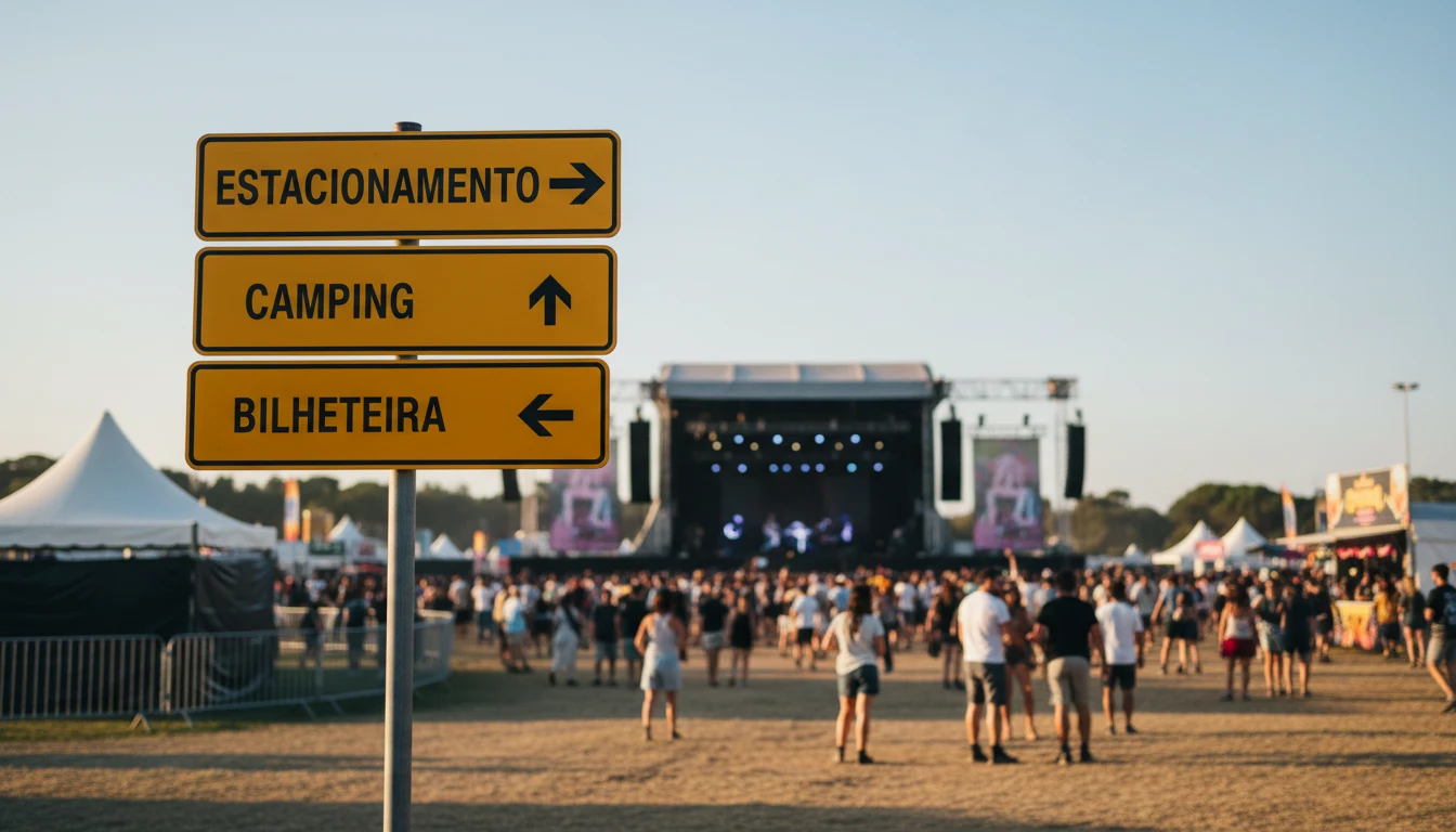 Poste direcional português com placas amarelas (Estacionamento, Camping, Bilheteira) à entrada de um festival, com o recinto ao fundo