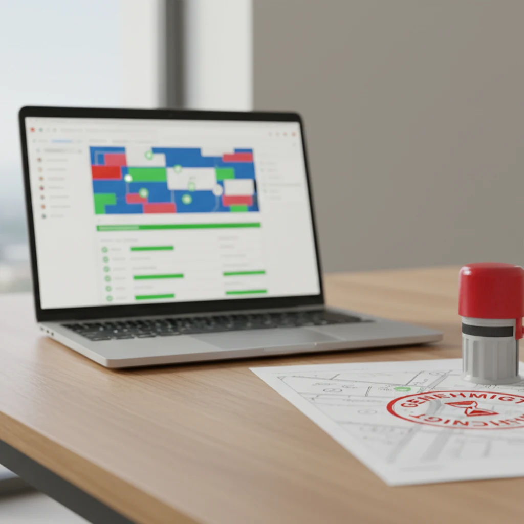 Deutscher Behörden-Arbeitsplatz: Laptop mit dem Traffic Chart Genehmigungs-Dashboard, grüne Häkchen für freigegebene Pläne und ein roter GENEHMIGT-Stempel auf dem ausgedruckten Plan