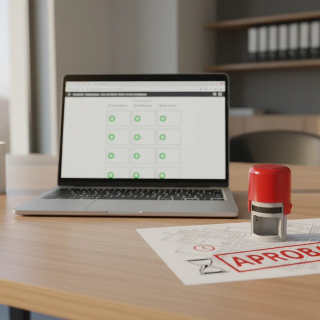 Mesa de oficina municipal española: portátil con el dashboard de aprobaciones de Traffic Chart, indicadores verdes de validación, un sello rojo APROBADO sobre un plan impreso