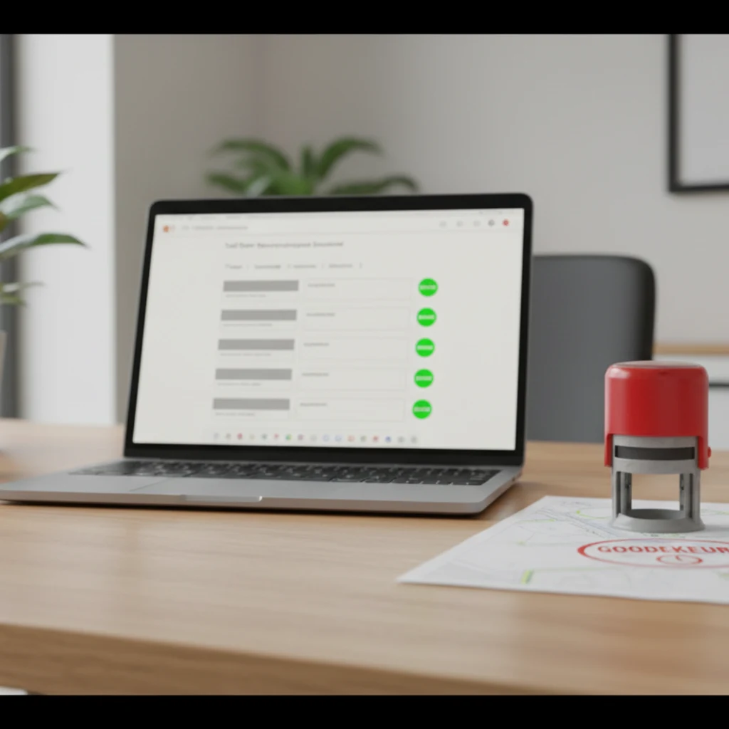 Nederlands gemeentekantoor-bureau: laptop met het Traffic Chart goedkeuringsdashboard, groene-vinkje statussen en een rood GOEDGEKEURD-stempel op het geprinte plan