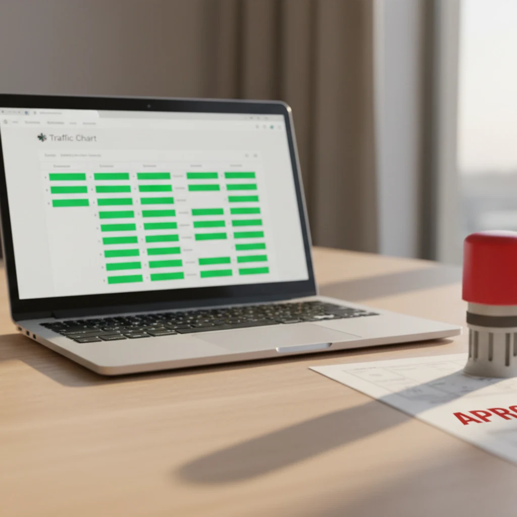 Secretária municipal portuguesa: portátil com o dashboard de aprovação do Traffic Chart, indicadores verdes de aprovação, um carimbo vermelho APROVADO sobre um plano impresso