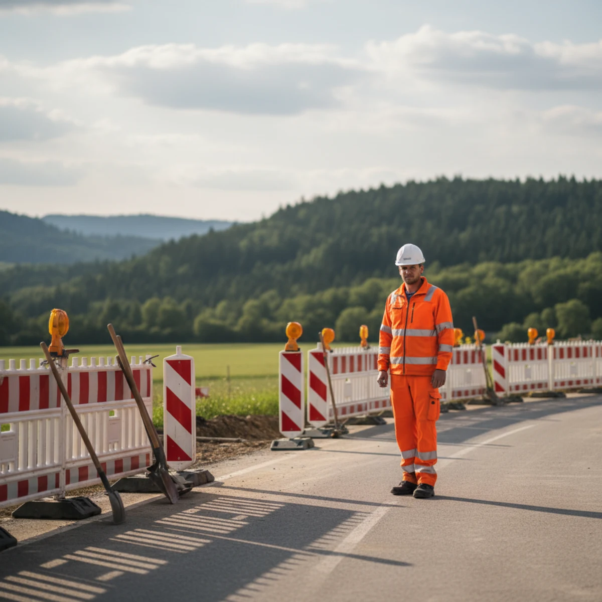 Deutscher Straßenbau-Mitarbeiter in Warnschutz-Kleidung prüft einen Verkehrsplan auf einem Tablet an einer Sperrung, die Art von Profi, die Traffic Chart über sein Verkehrsplan-Modul bedient