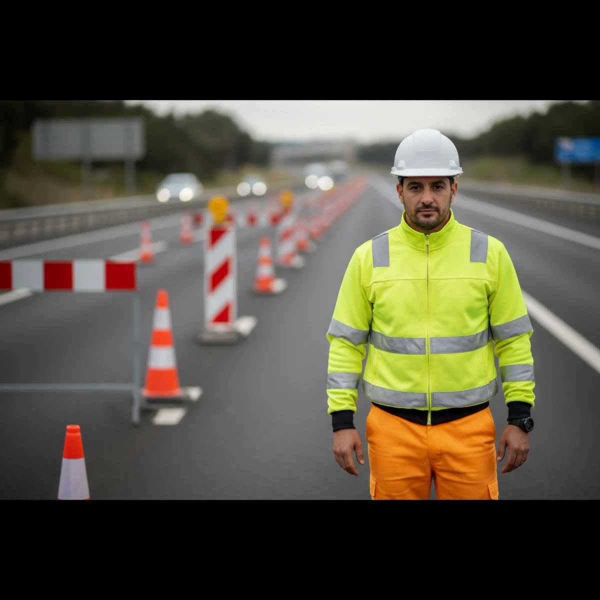 Trabajador de obras español con equipo de alta visibilidad revisa un plan de tráfico en una tableta junto a un corte, el tipo de profesional que Traffic Chart atiende con su módulo de plan de tráfico