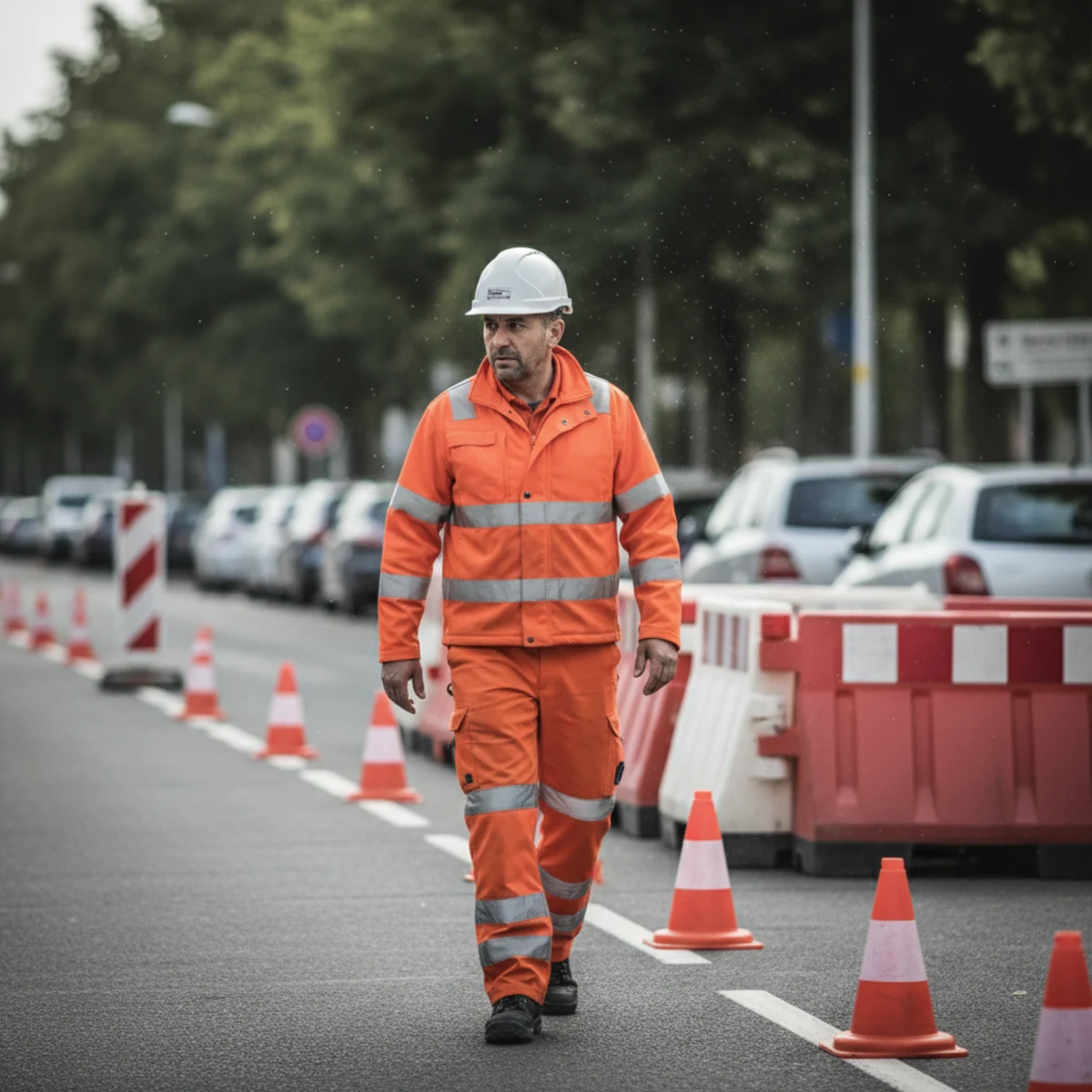 Ouvrier de travaux français en EPI haute visibilité examine un plan de circulation sur une tablette à côté d'une fermeture, le type de professionnel que Traffic Chart accompagne via son module plan de circulation