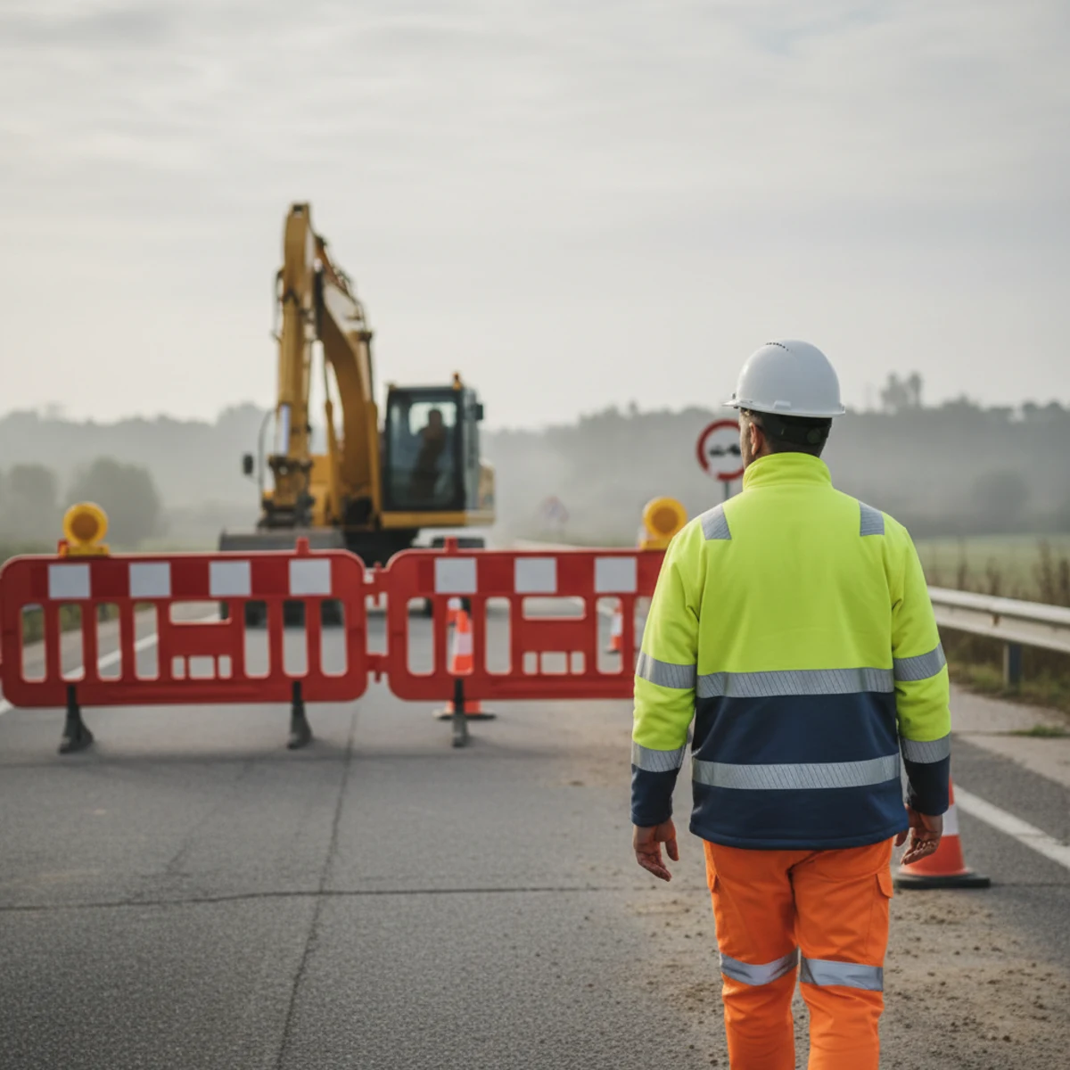 Trabalhador de obras português com equipamento de alta visibilidade examina um plano de trânsito num tablet junto a um corte, o tipo de profissional que Traffic Chart serve via o seu módulo de plano de trânsito