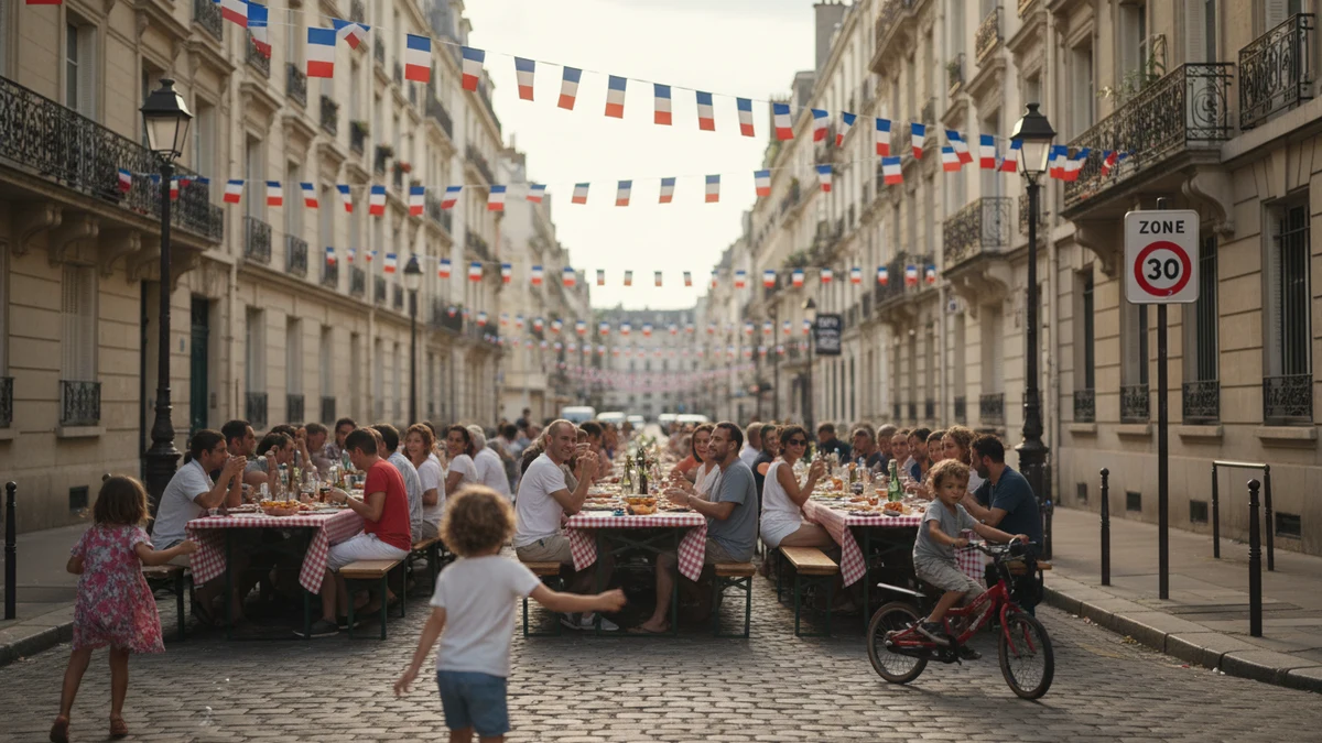 Fête de village française dans une rue, le type d'événement de quartier qu'une collectivité autorise via Traffic Chart