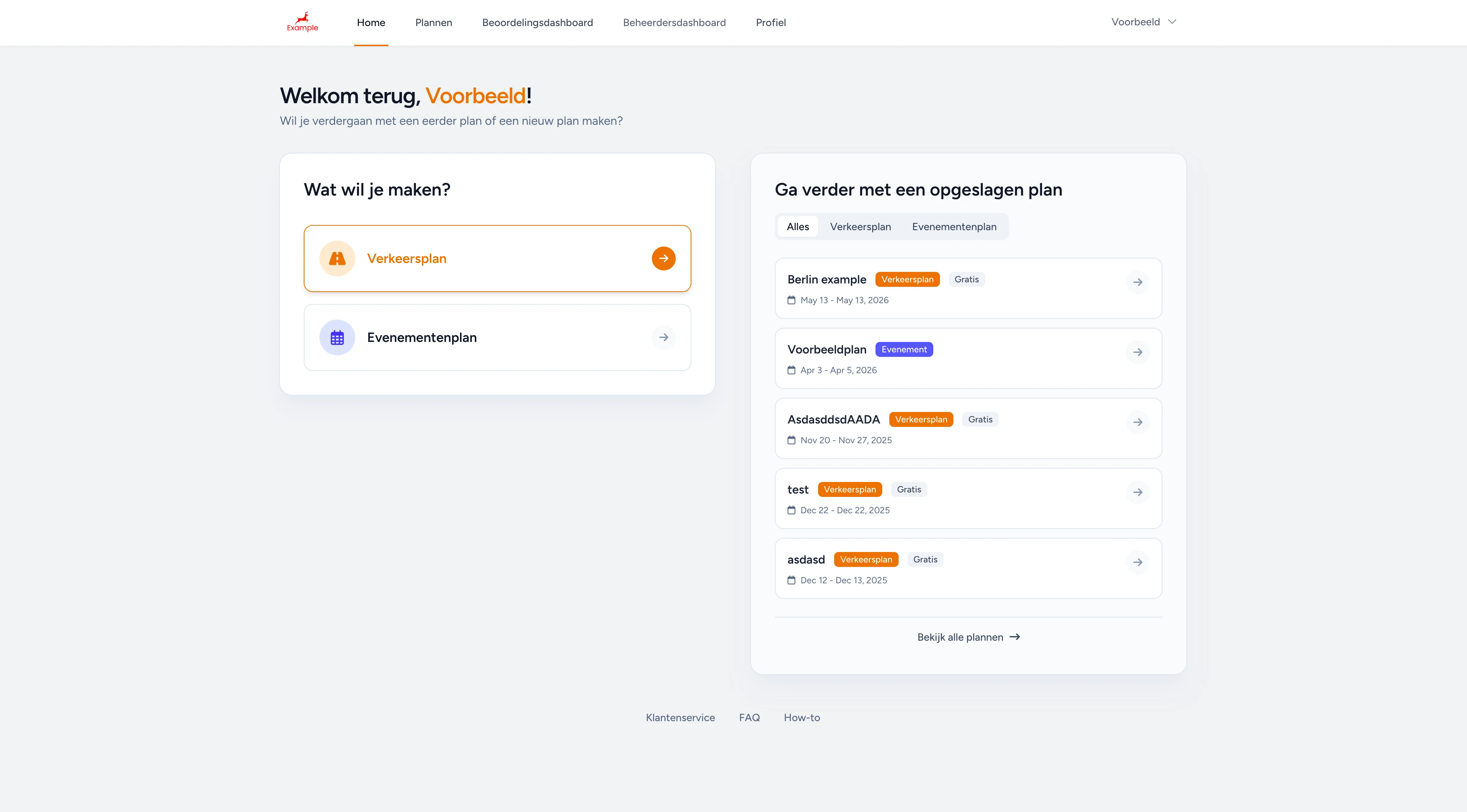 Traffic Chart Dashboard nach dem Anmelden mit zwei großen Optionen: 'Verkeersplan' (Verkehrsplan) und 'Evenementenplan' (Veranstaltungsplan), plus einer Liste gespeicherter Pläne rechts