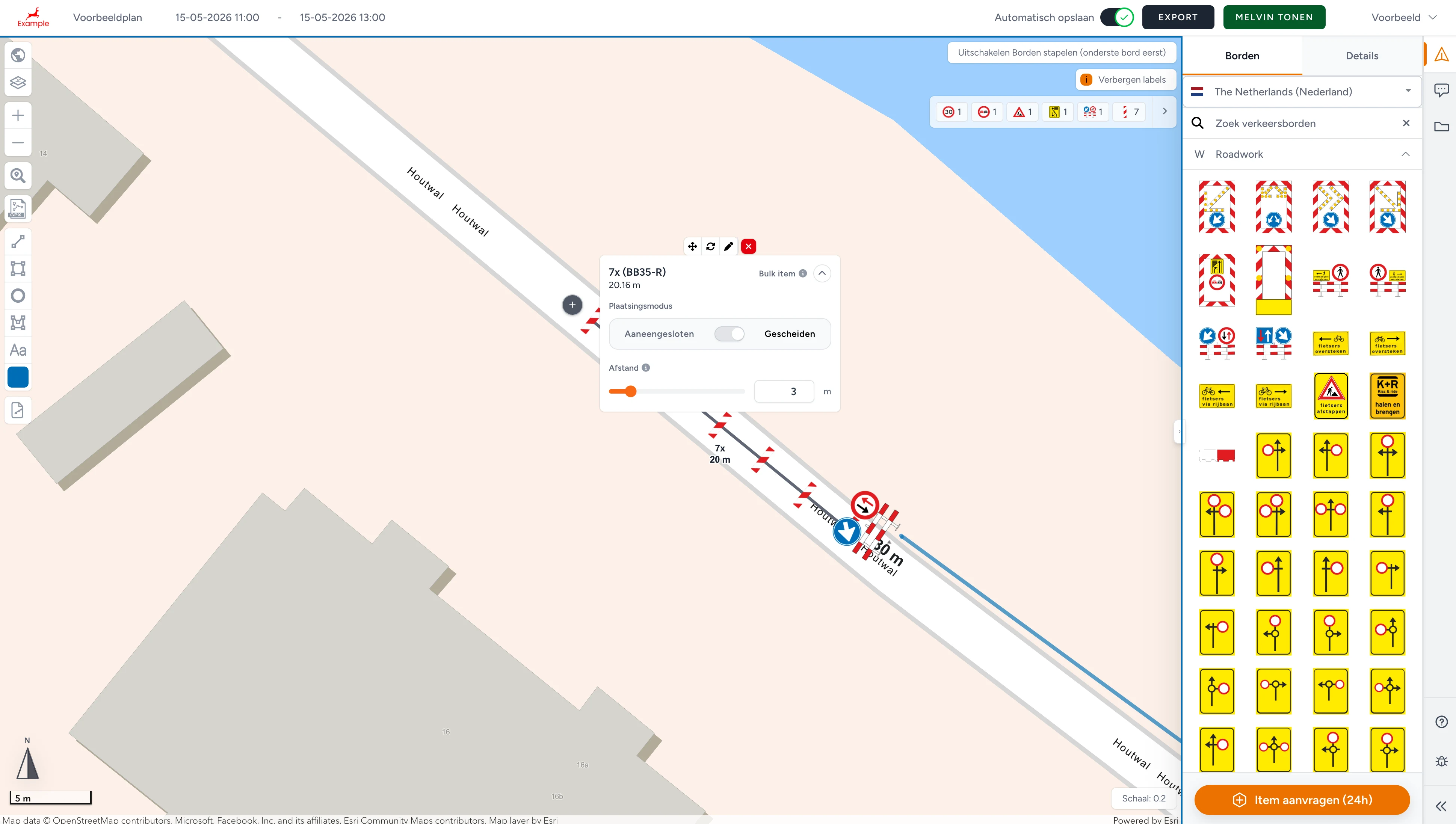 Verkehrsplan-Editor mit aktiver Bulk-Platzierung, eine ganze Reihe Vorwarn-Schilder zwischen Start- und End-Marker, mit Melvin-Overlay-Toggle sichtbar, die Art von Pro-Funktion, die sich ab der ersten Woche auszahlt