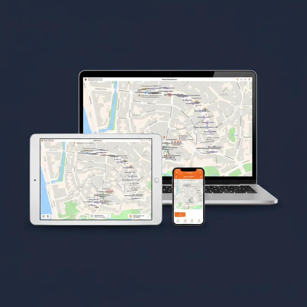Traffic Chart traffic control software running on a laptop, tablet and smartphone, with the Bokbierdag event-site map visible on every screen