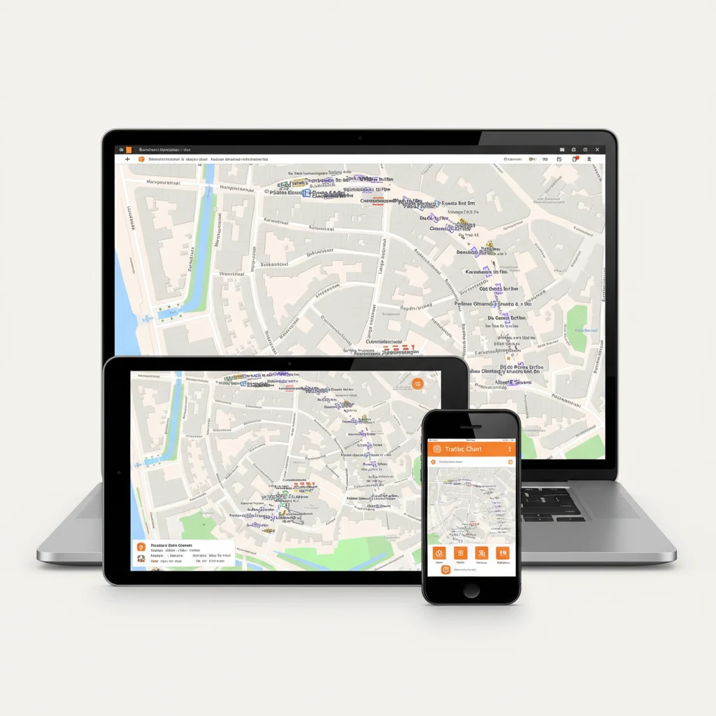 Software de desenho de trânsito Traffic Chart em portátil, tablet e smartphone, com a planta do evento Bokbierdag em cada ecrã