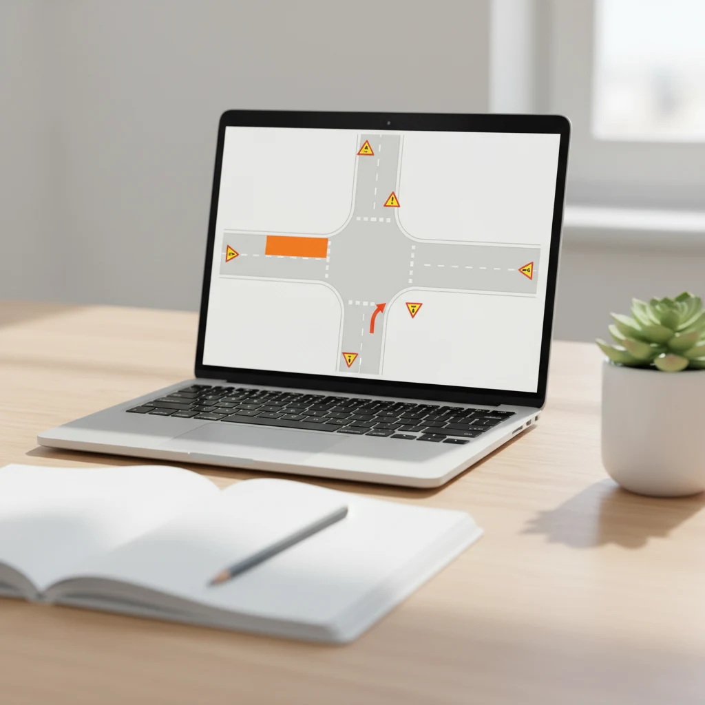 Espaço de trabalho Traffic Chart em português num portátil mostrando um desenho de trânsito à escala com sinais do Decreto Regulamentar colocados num plano de corte de via
