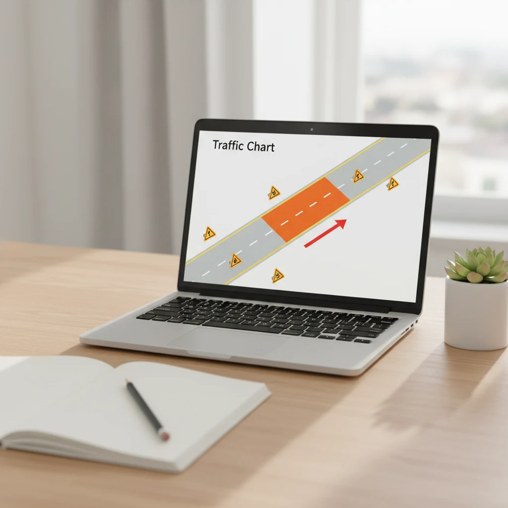 Espace de travail Traffic Chart en français sur un ordinateur portable montrant un dessin de trafic à l'échelle avec panneaux IISR placés sur un plan de fermeture