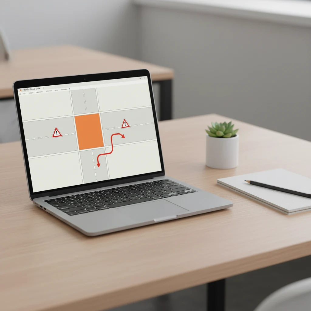 Nederlandse Traffic Chart-werkomgeving op een laptop met een geschaalde verkeerstekening en RVV-borden op een afsluitingsplan