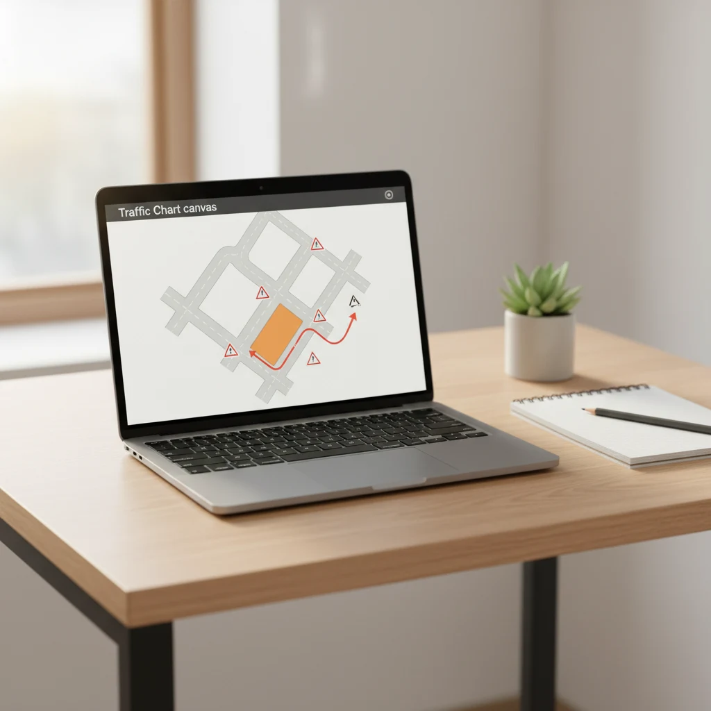 Deutsche Traffic Chart Arbeitsumgebung auf einem Laptop mit einer maßstabsgerechten Verkehrszeichnung und StVO-Schildern auf einem Sperrungsplan