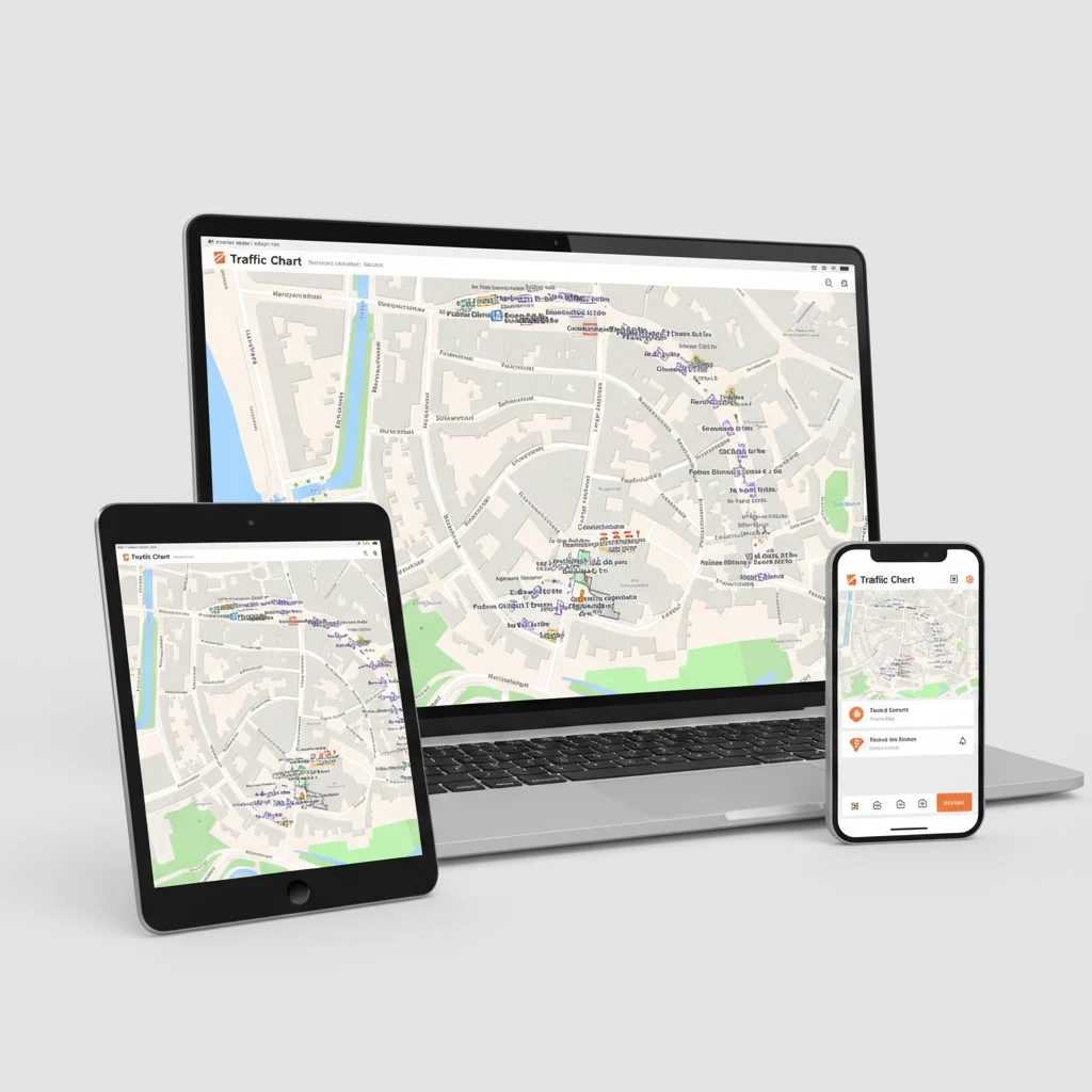 Software de medidas de control de tráfico Traffic Chart en portátil, tablet y smartphone, con el plano del evento Bokbierdag en cada pantalla