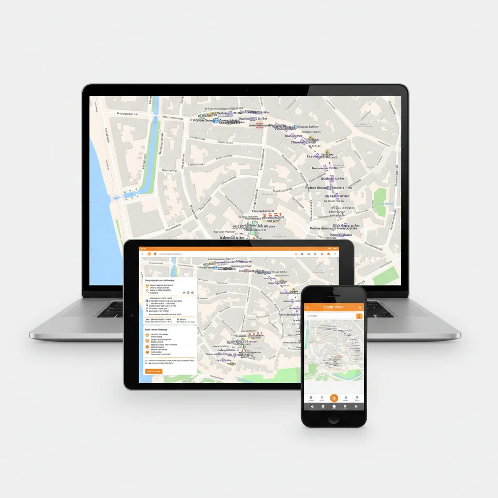 Traffic Chart traffic management measures running on a laptop, tablet and smartphone with the Bokbierdag event-site map visible on every screen