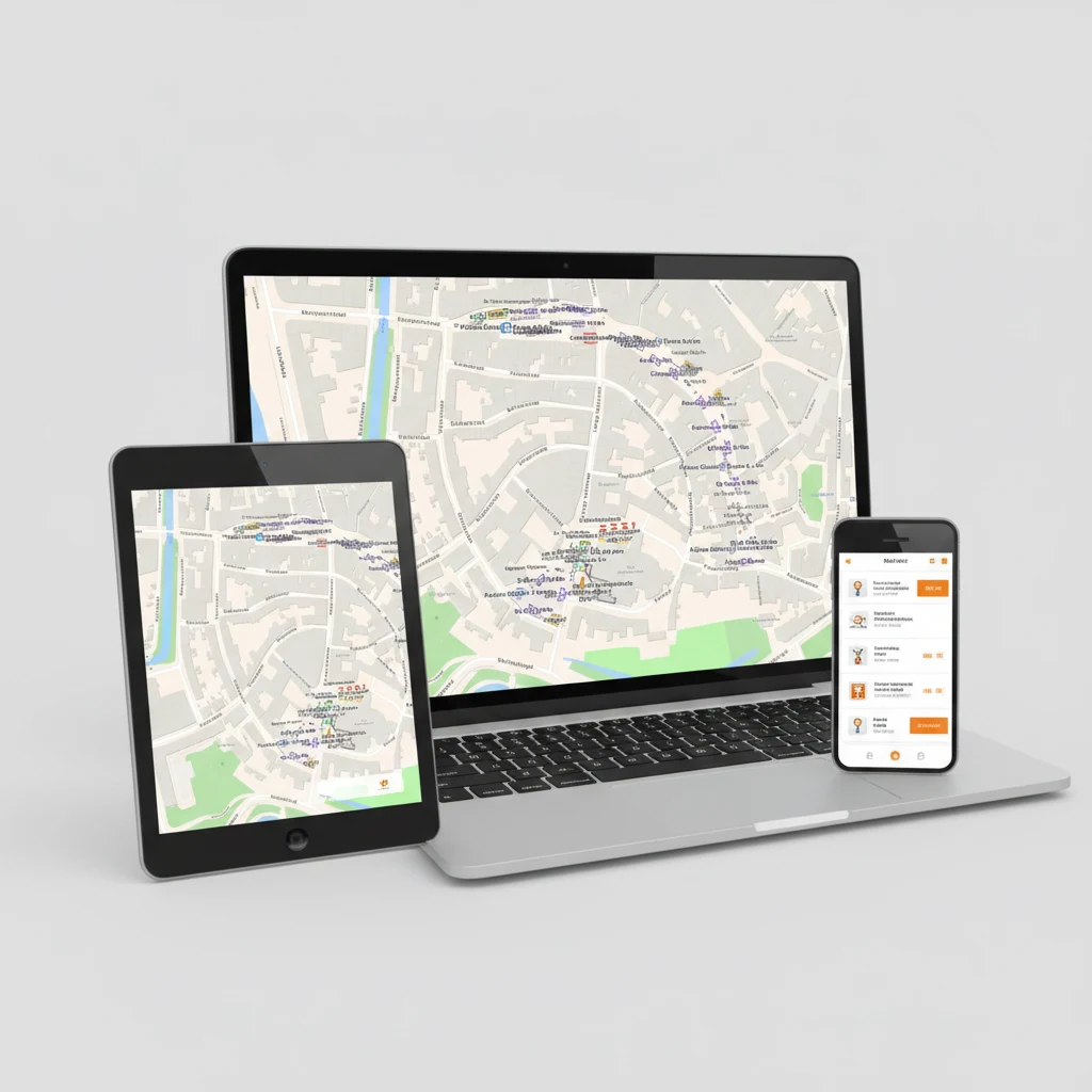 Traffic Chart verkeers-management-maatregelen op laptop, tablet en smartphone, met op elk scherm de Bokbierdag-evenement-plattegrond