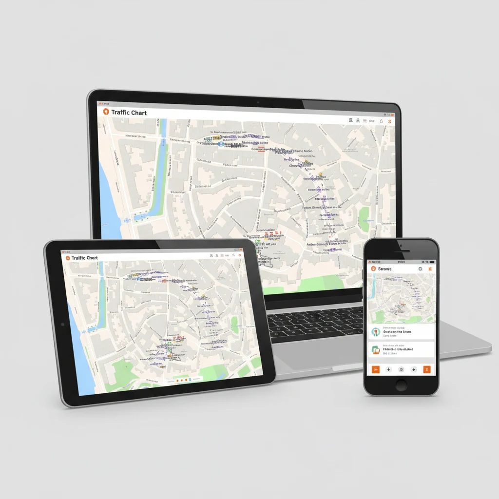 Traffic Chart Verkehrsmanagement-Maßnahmen auf Laptop, Tablet und Smartphone, auf jedem Bildschirm der Bokbierdag-Veranstaltungsplan