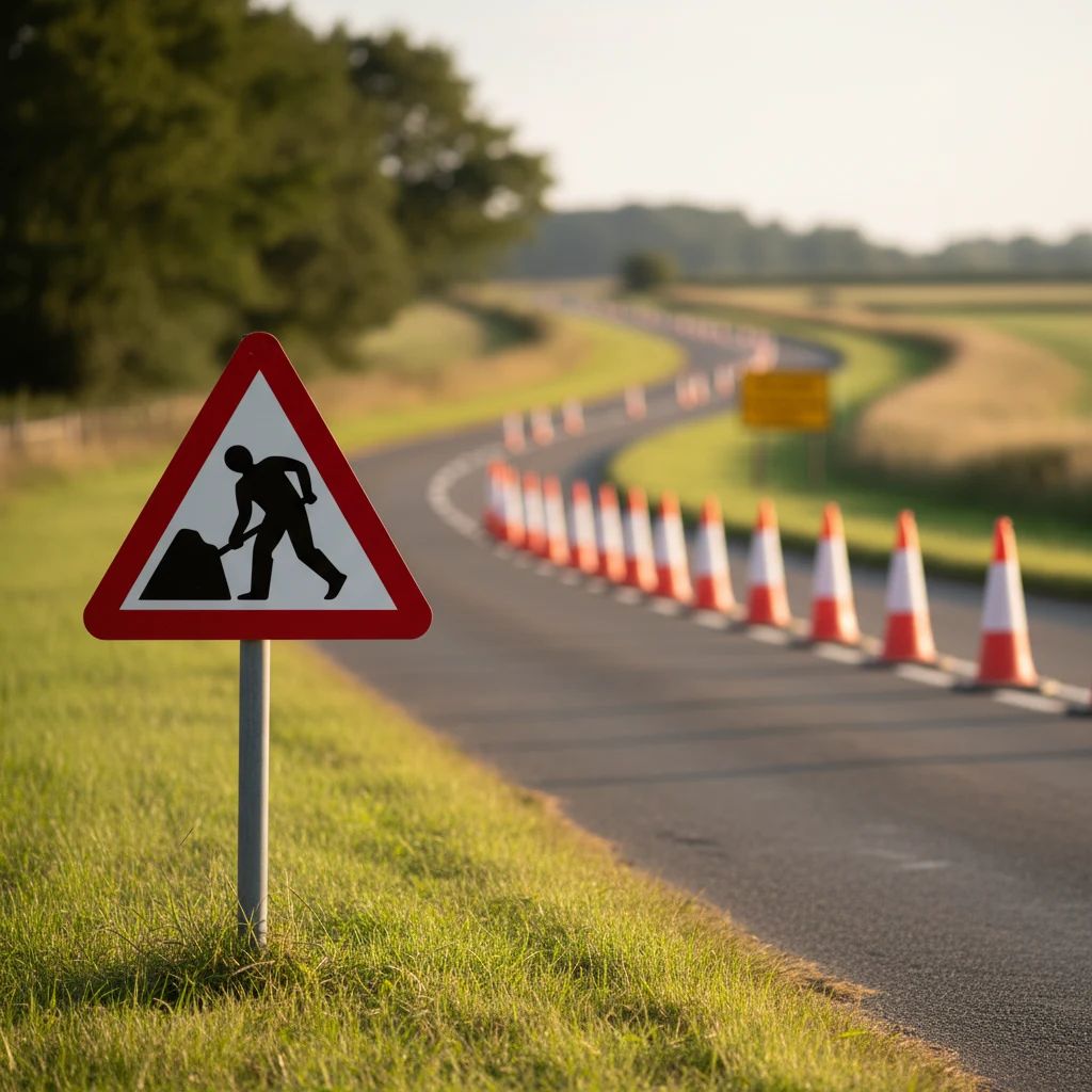 UK toolbox of traffic management measures laid out on a workbench: signs, cones, barriers, beacons, controller batons, ready for site deployment