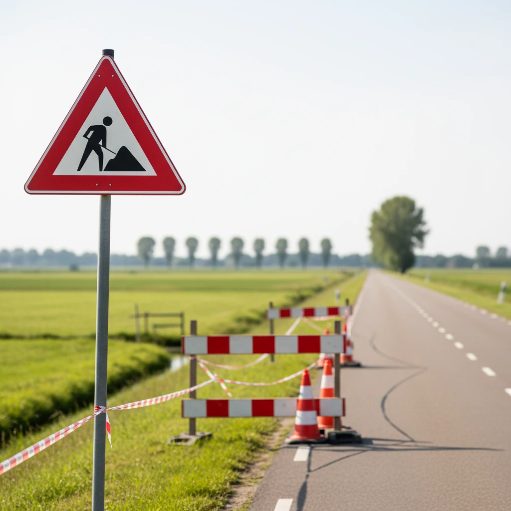 Nederlandse toolbox met verkeers-management-maatregelen op een werkbank: borden, kegels, hekken, bakens, regelaarbatons - klaar voor inzet op locatie
