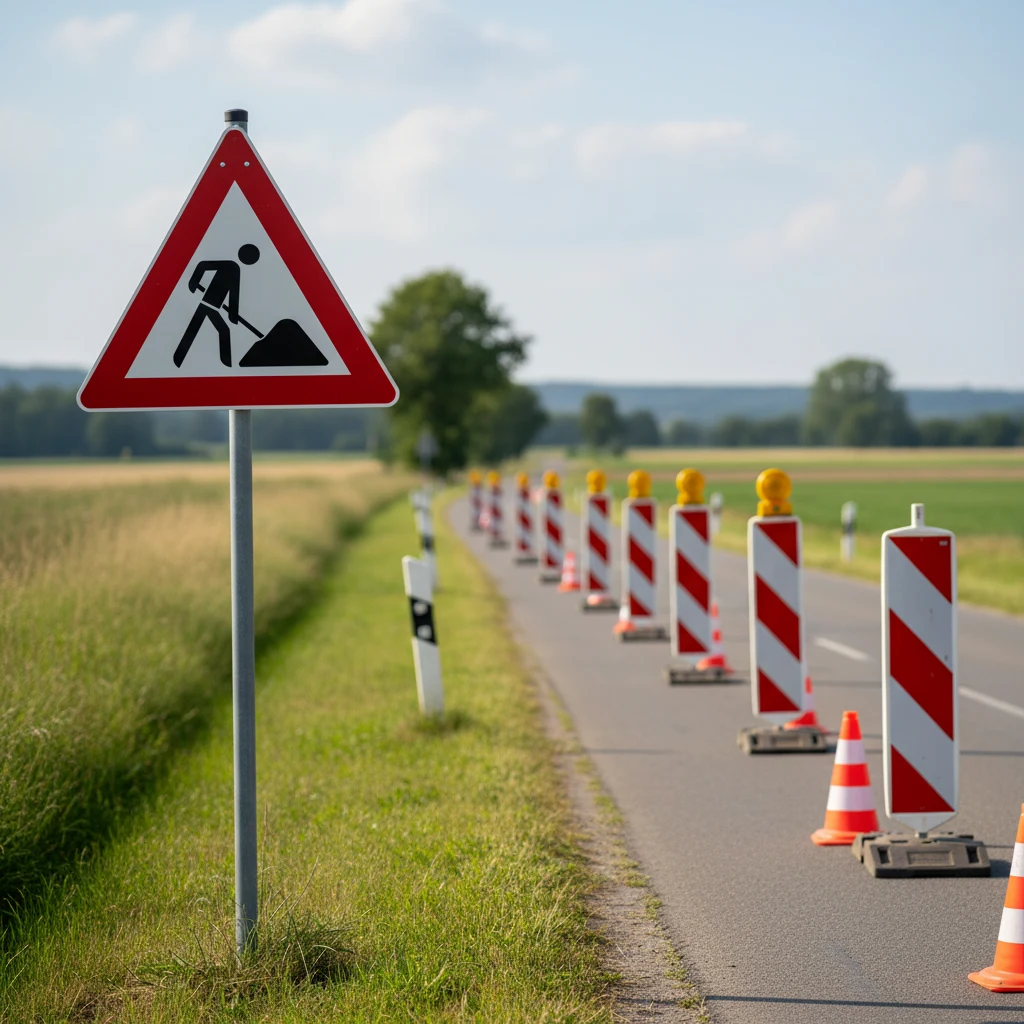 Deutsche Werkzeugkiste mit Verkehrsmanagement-Maßnahmen auf einer Werkbank: Schilder, Pylonen, Leitbaken, Leuchten - bereit für den Einsatz vor Ort