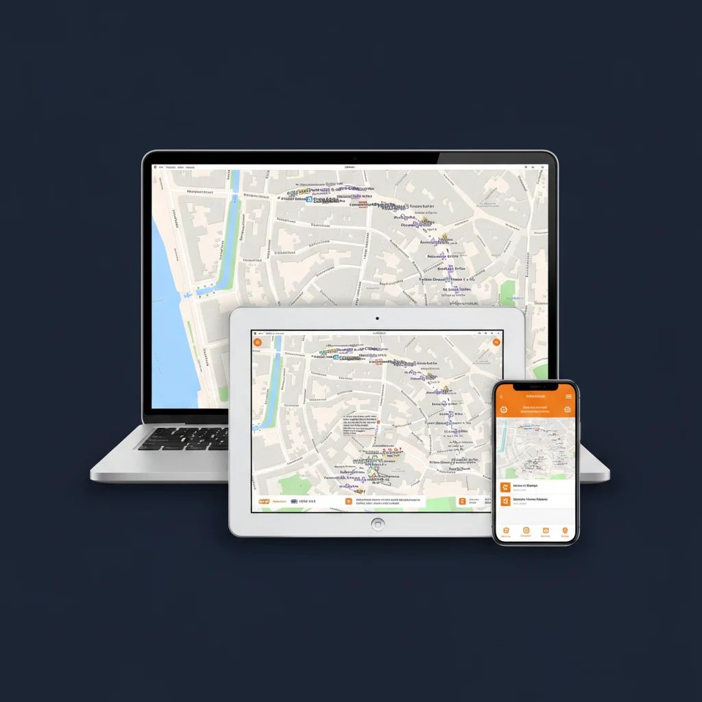 Logiciel de plan de circulation Traffic Chart sur ordinateur portable, tablette et smartphone, avec le plan de l'événement Bokbierdag sur chaque écran