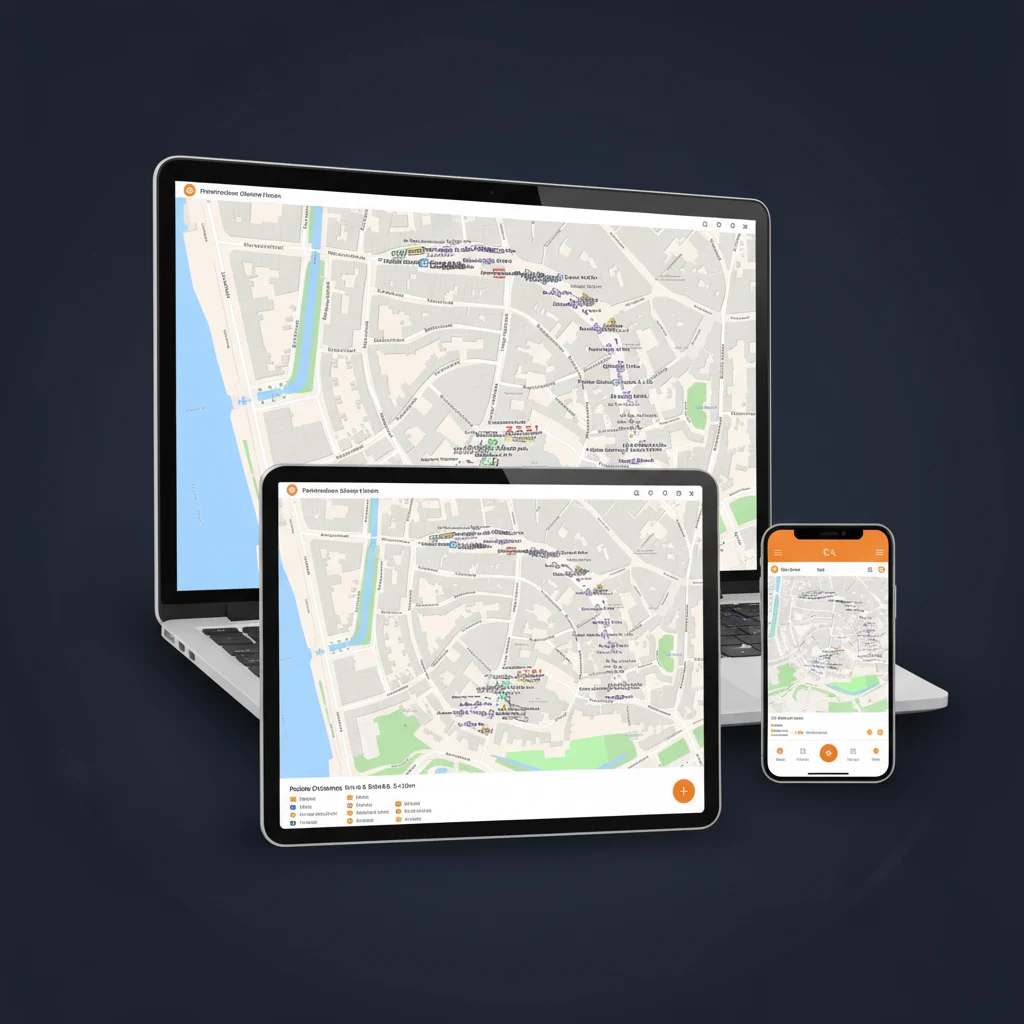 Software de plan de tráfico Traffic Chart en portátil, tablet y smartphone, con el plano del evento Bokbierdag en cada pantalla
