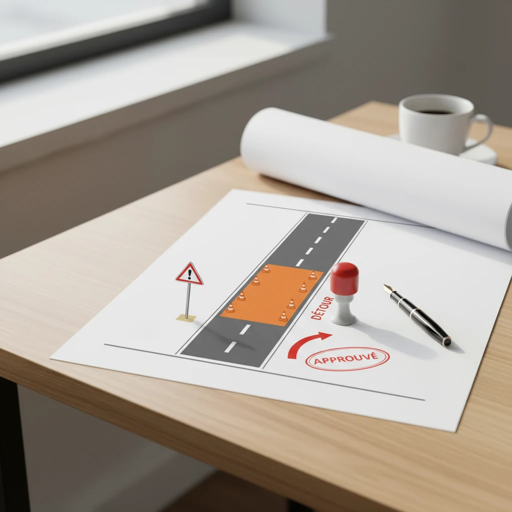 Plan de circulation français prêt à instruire, PDF imprimé sur un bureau avec tampon et stylo, prêt pour la mairie