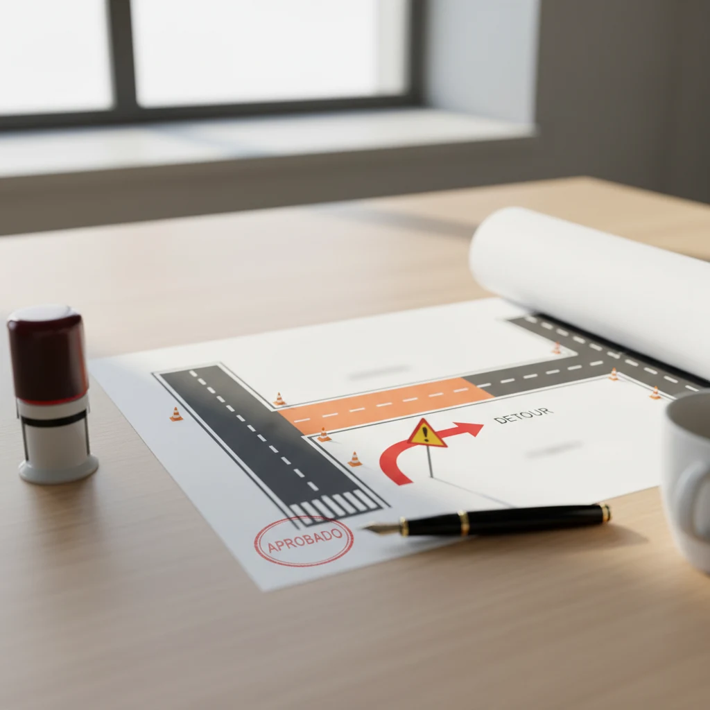Plan de tráfico español listo para licencia, PDF impreso sobre una mesa con sello y bolígrafo, listo para presentar al ayuntamiento